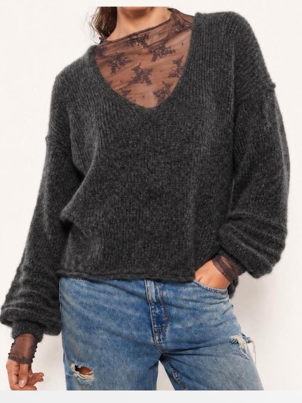 Free People Oversized V Neck Sweater Dark Grey Lightweight Slouchy Summer Layer